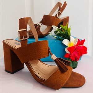 GABBY ~ Camel Brown Suede Sandals/Tassel Details and 3” Block Heel